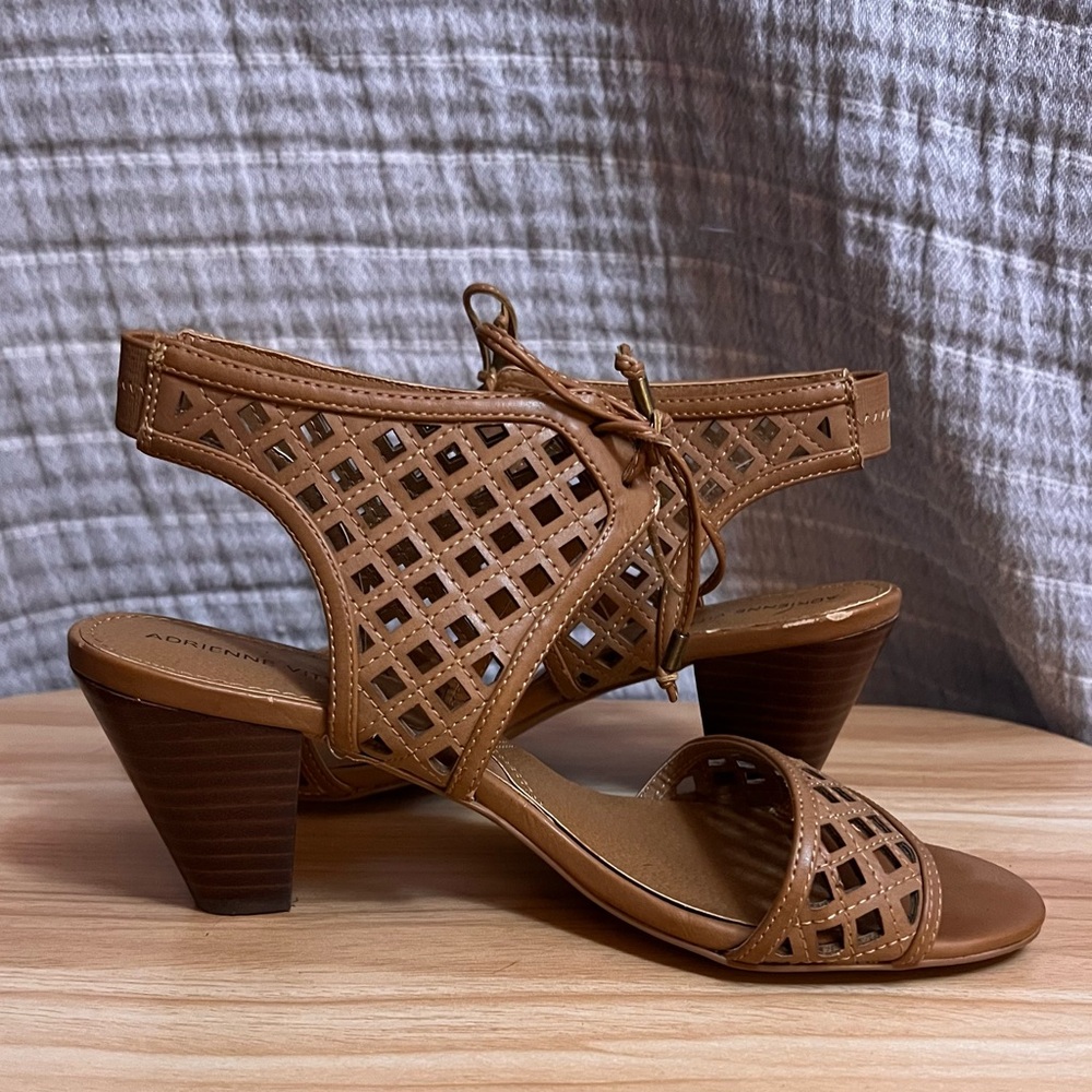 Adrienne Vittadini Tan Lattice Heeled Sandals - Picture 2 of 8